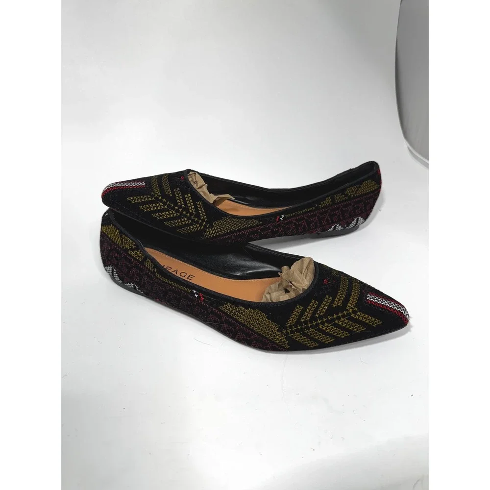 Rampage Womens Pointed Toe Flats‎ Woven Geometric Tapestry Black Gold Red Multi